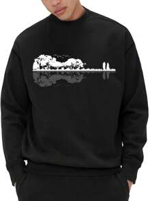 男士圖案印花下緣拖肩運動衫 - 黑色 - 查看 1