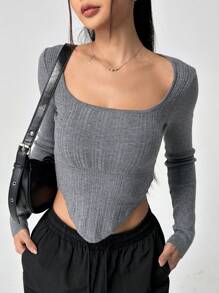 SHEIN EZwear Camisa Base De Manga Larga De Cuello Cuadrado En Color Sólido Para Mujer - Gris Oscuro - Ver 6