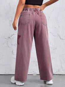 SHEIN ICON 女式大尺碼星星圖案直筒牛仔褲 - 粉色 - 查看 2