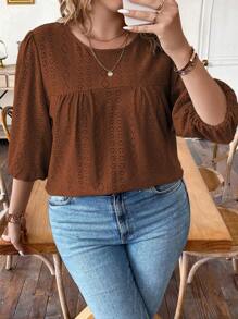 SHEIN LUNE Plus Size Women'S Puff Sleeve T-Shirt - Brown - View 4