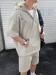 Claim Dot 男士宽松袋鼠口袋半拉链上衣和短裤套装，亚麻布，外出，男友礼物，纯色，休闲 - 灰色 - 查看 1