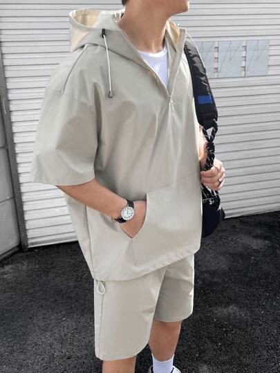 Claim Dot 男士宽松袋鼠口袋半拉链上衣和短裤套装，亚麻布，外出，男友礼物，纯色，休闲