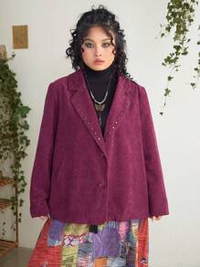 ROMWE PUNK Chaqueta De Talla Grande Para Mujer Con Solapa De Botones, Decorada Con Remaches