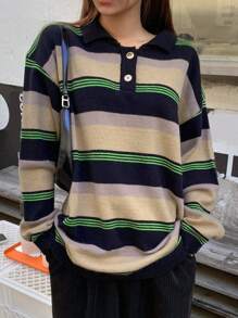DAZY 女用條紋 Polo 領毛衣 - 卡其色 - 查看 1