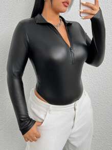 SHEIN ICON 女士加大碼拉鍊式半排釦修身連身衣 - 黑色 - 查看 1