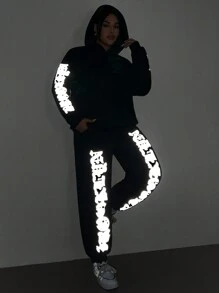 SHEIN Coolane 夜光字母運動衫和運動褲兩件套 - 黑色 - 查看 1