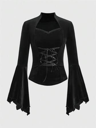Goth Women's Velvet Bell Sleeve Tie Front T-shirt