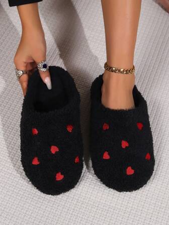 Women's Home Slippers Plush & Thick Indoor Slipper With Soft Sole And Heart Decoration For Winter,Furry Shoes