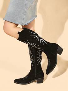 Styleloop Fashionable Embroidered Chunky Heel High Boots For Women - Black - View 3