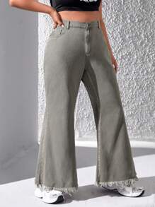 SHEIN EZwear 大尺碼女式放鬆版型牛仔褲,星星補丁和毛邊造型 - 軍綠色 - 查看 5