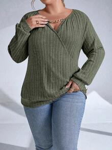 Calvaya Áo nỉ dài tay quấn chéo trơn cỡ lớn - xanh quân đội - Xem 6