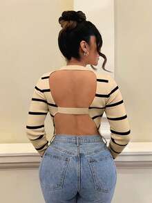 SHEIN SXY Backless Striped Cropped Sweater - Camel - View 2