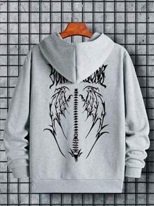 Áo nỉ trùm đầu nam có in hình cánh và chữ và dây rút, lót nhiệt - Xám - Xem 1