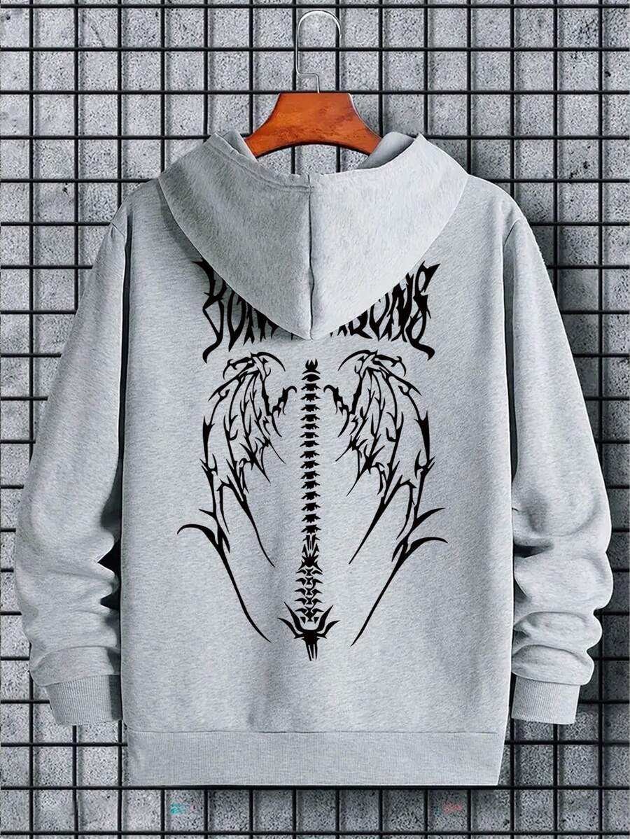 Áo nỉ trùm đầu nam có in hình cánh và chữ và dây rút, lót nhiệt - Xám - Xem 1