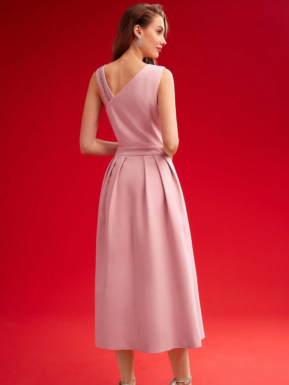 WOVEN WOMEN'S ASYMMETRICAL NECK CHAIN DETAIL FOLD PLEATED DRESS,VALENTINE'S DAY OUTFIT,HOLIDAY PARTY BIRTHDAY FORMAL EVENING OCCASSION