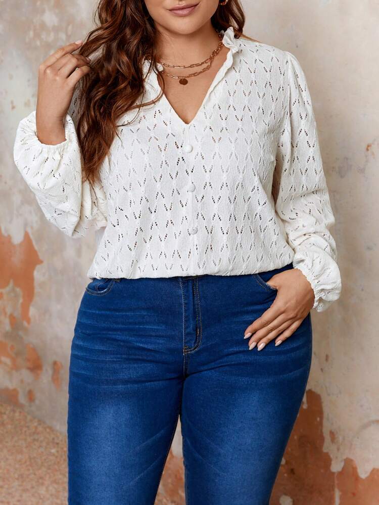 Plus Size Embroidery Detail Cutout Neckline Eyelet Lace Hem Blouse
