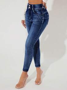 SHEIN PETITE Bleach Wash Skinny Jeans
