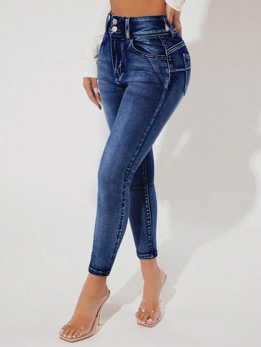 SHEIN PETITE Bleach Wash Skinny Jeans