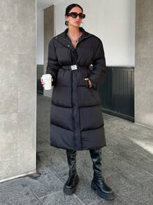 EURMUSE Drop Shoulder Belted Padded Jacket - Black - View 7