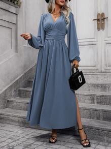 EMERY ROSE Đầm Maxi xẻ tà cao tay đèn lồng màu trơn dành cho nữ Trang phục mùa thu vải dành cho nữ - Màu xanh bụi bặm - Xem 5