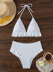 SHEIN Swim Summer Women'S Halter Neck Ruffle Hem Bikini Set - White - View 4