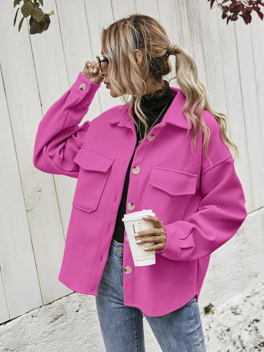 Flap Pocket Drop Shoulder Overcoat - Baby Pink - View 1