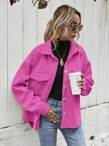 Flap Pocket Drop Shoulder Overcoat - Baby Pink - View 5