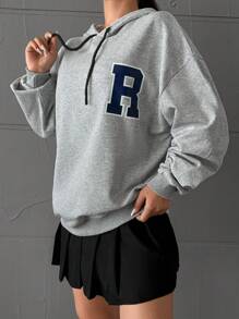 EURMUSE Letter Patched Drop Shoulder Drawstring Hoodie - Grey - View 3