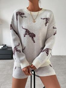 SHEIN LUNE Ladies' Leopard Print Drop Shoulder Sweater 2pcs/Set - Apricot - View 1