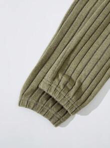 SHEIN 2 件套幼兒男童秋冬純色羅紋連帽 T 恤和褲子套裝 - 杏色 - 查看 5