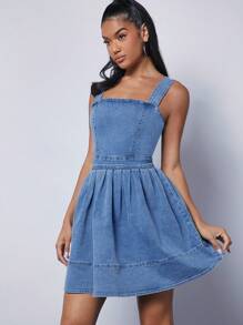 Denimoi Square Neck Pleated Denim Dress - Medium Wash - View 5
