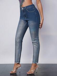 SHEIN Unity 水洗紧身牛仔裤 - 藍色 - 查看 5