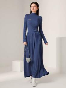 Seusyu Ladies' Solid Color Stand Collar Long Sleeve Pleated Dress Modest Dress - Blue - View 7
