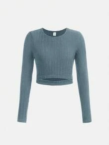 Cô gái Lông cừu Top Cây trồng & Quần loe Bộ Với Rỗng ra eo Mẫu - Màu xanh ngọc - Xem 7