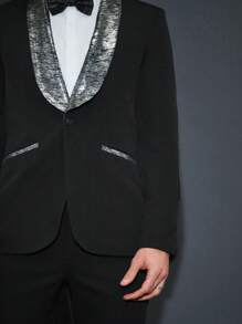 Manfinity VCAY Men's Contrast Shawl Collar Single-breasted Suit Jacket And Pants Two-piece Set - Black - View 3