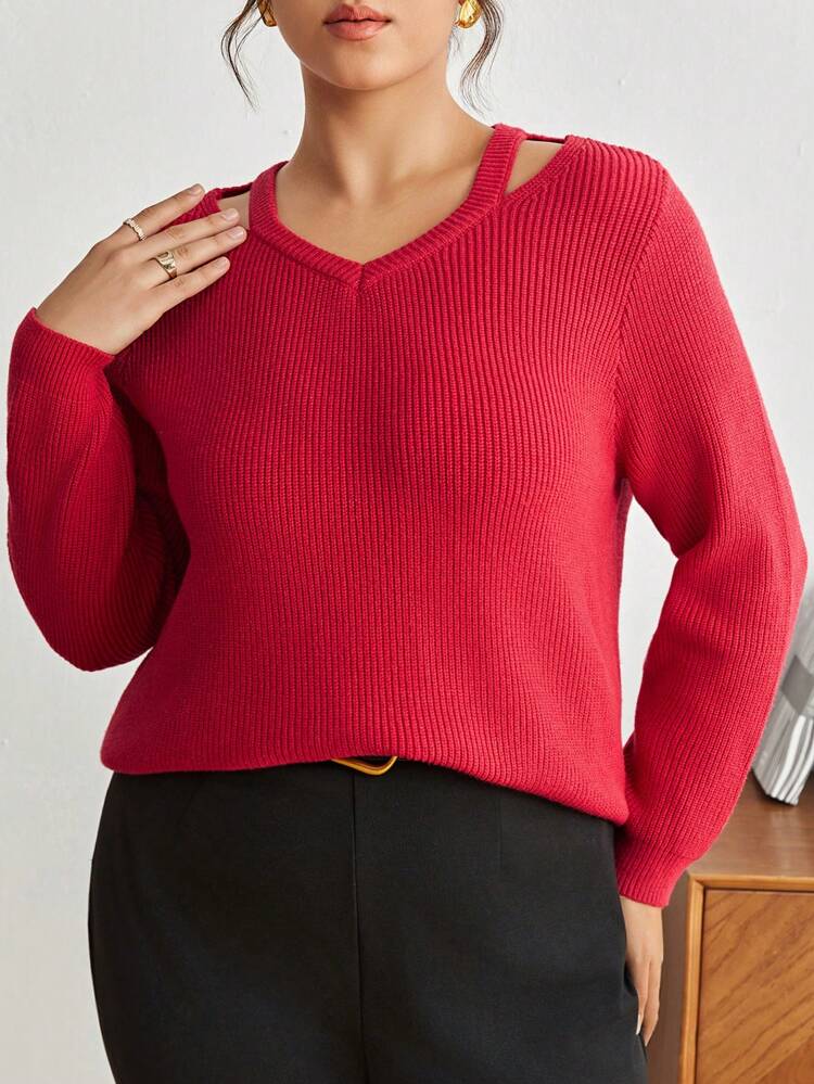 Plus Size Solid Color Hollow Out Sweater