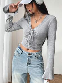 SHEIN EZwear 复古风格灰色女式V领褶饰系带修身喇叭袖T恤 - 灰色 - View 4