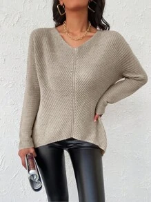 EURMUSE 蝙蝠袖條紋針織套頭毛衣 - 米色 - 查看 5