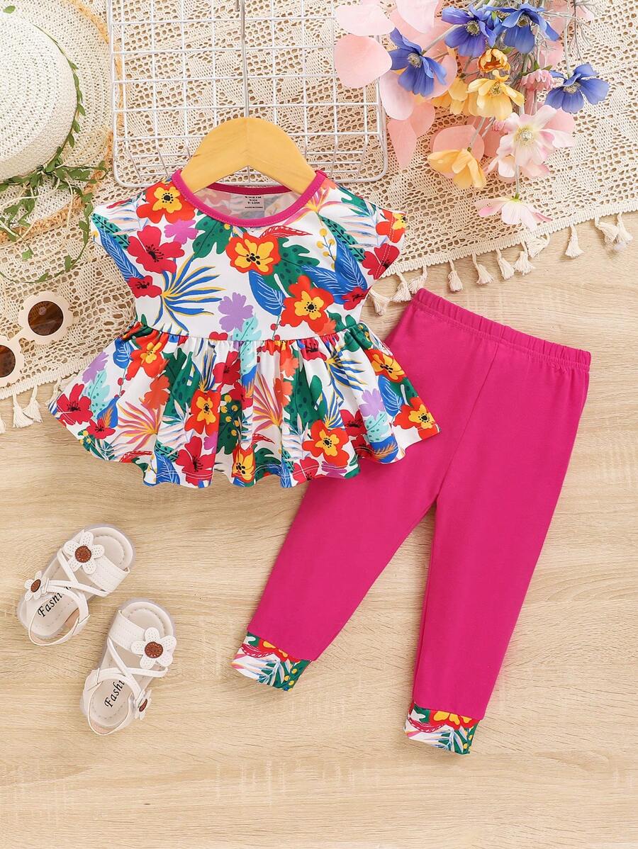 SHEIN 寶寶女孩休閒植物紋短袖上衣彈性腰帶彩色拼接褲套裝 - 綠色 - 查看 1