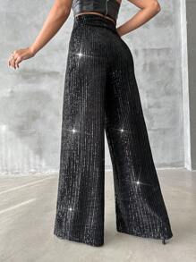 EURMUSE Sequin Wide Leg Pants - Black - View 5