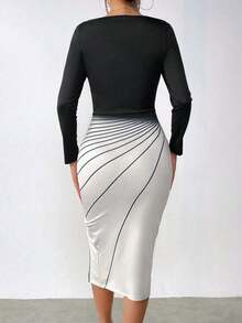 SHEIN Privé 漸層條紋印花方領分裂大褶裙修身連衣裙 - 杏色 - 查看 2