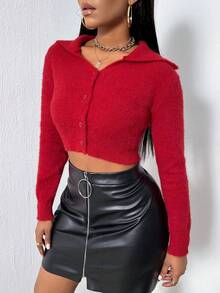 SHEIN Essnce Ngắn Lông chồn Áo len Mở Với Ngực đơn Clasp - Đỏ - Xem 5
