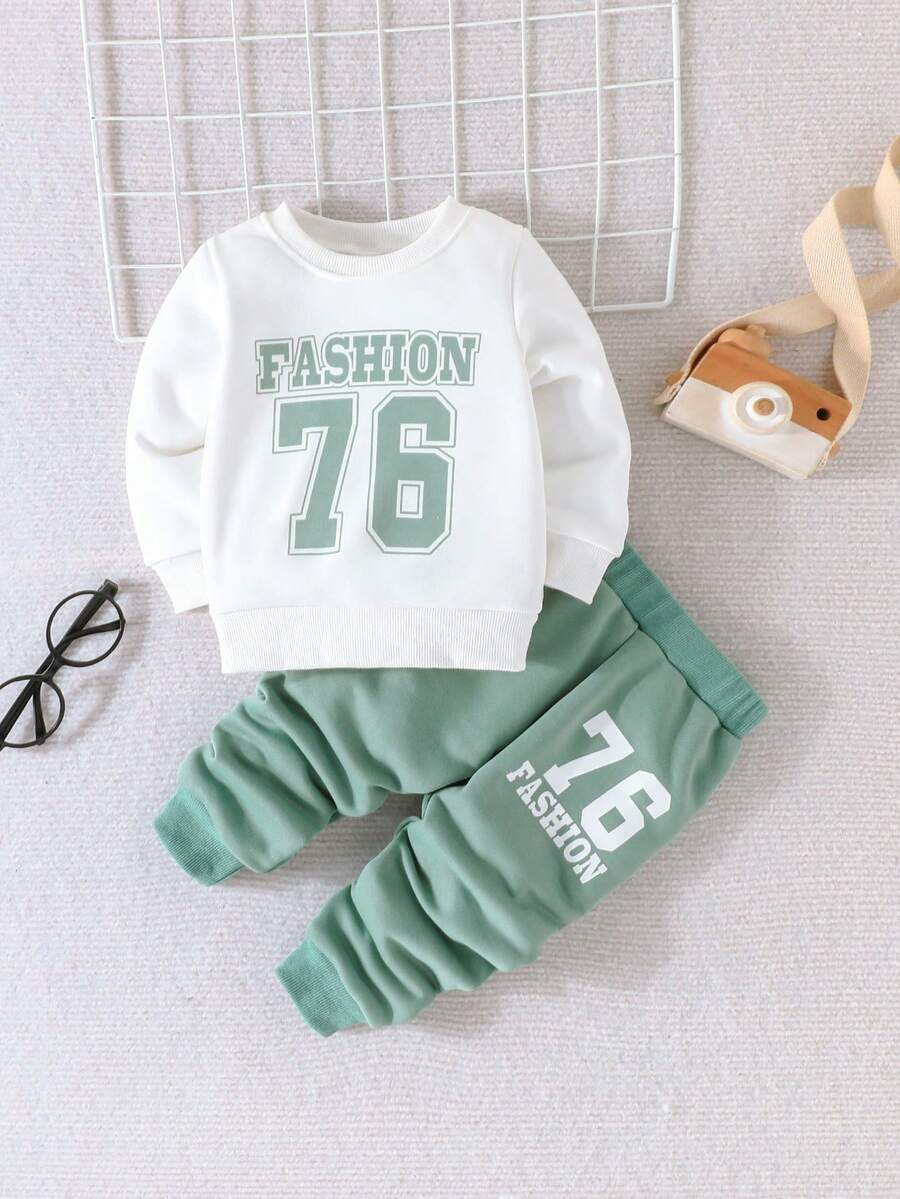SHEIN Đứa bé trai Đồ họa Chữ cái Áo len & Quần nỉ - Nhiều màu - Xem 1