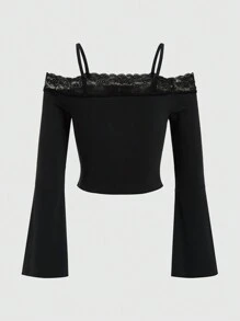 ROMWE Fairycore Cross & Wing Print Lace Patchwork Off Shoulder T-shirt