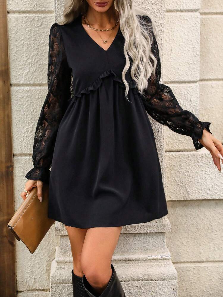 Women's V-Neck Lace Splice Ruffle Trim Decorated Bodycon Dress Winter Elegant Black Evening Dress