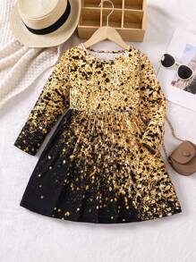 SHEIN 小女孩全印花圓領長袖連身裙 - 彩色 - 查看 1