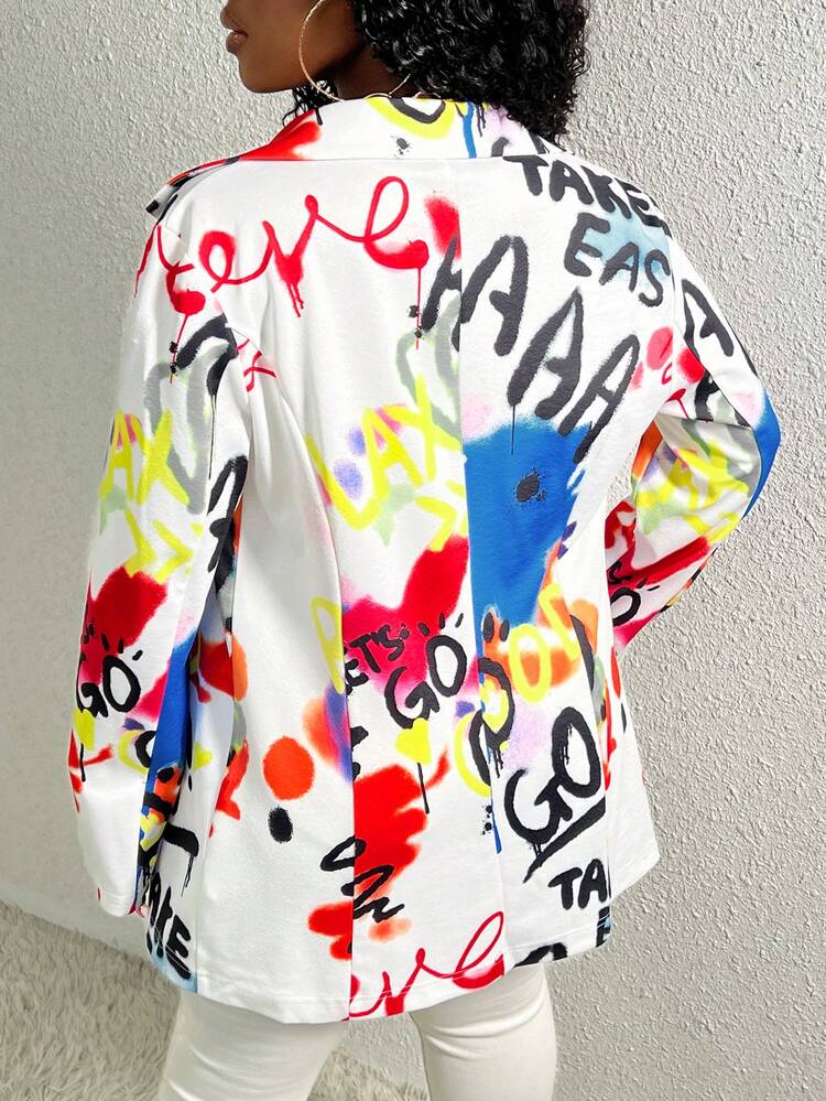 Slaydiva Graffiti Printed Lapel Collar Blazer Jacket - Multicolor - View 2