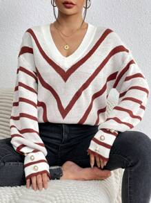 SHEIN LUNE Women's Long Sleeve Oversized V-neck Sweater With Herringbone Pattern - Multicolor - View 6