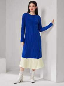 Seusyu Của phụ nữ Màu tương phản Sọc Đầm Áo len - Xanh và trắng - Xem 6