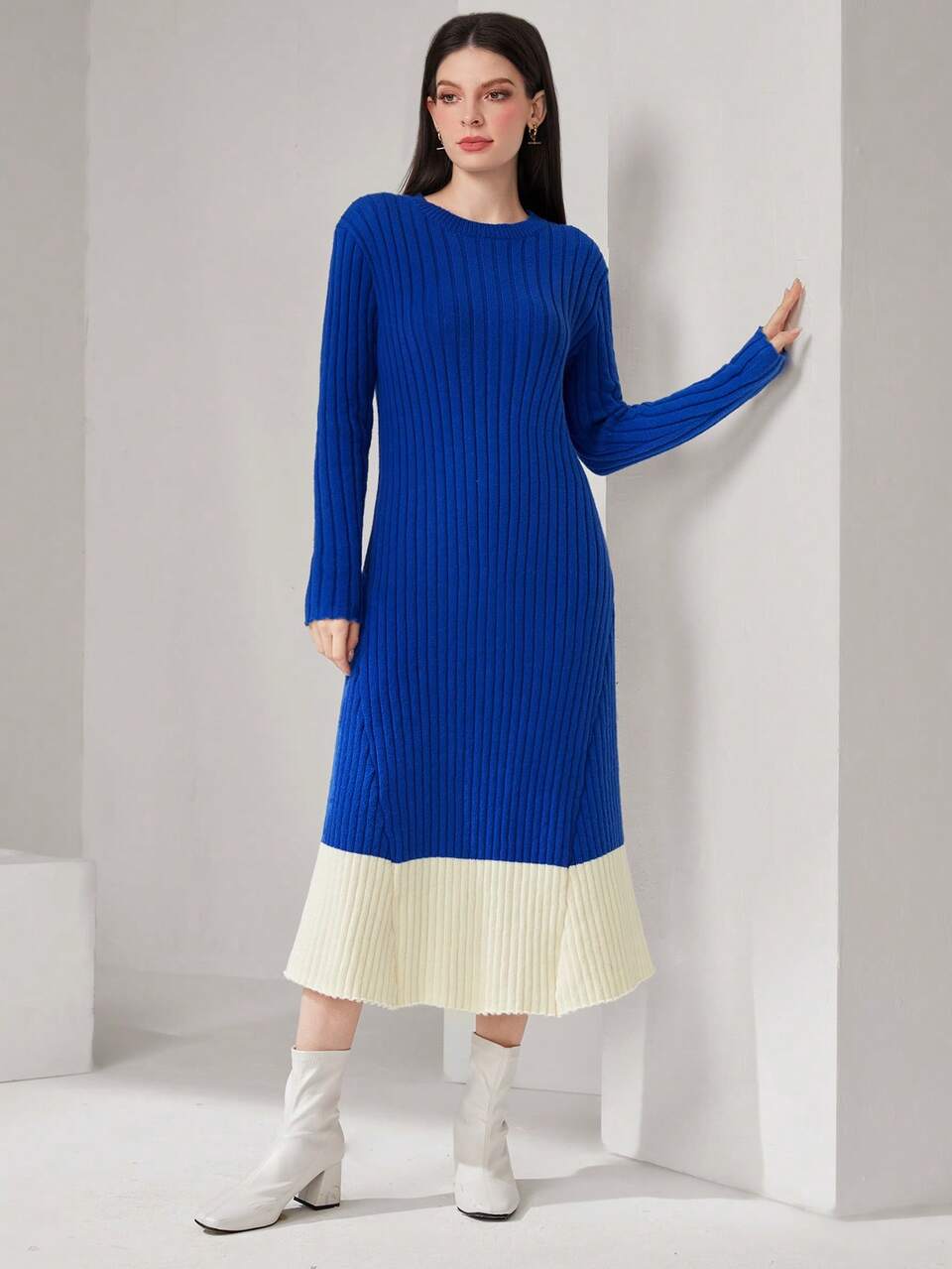 Women'S Contrasting Ribbed Sweater Dress